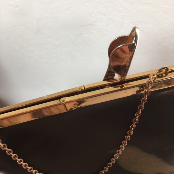 Vintage Etro Upcycled Black Leather Handbag Gold Painted Bird - Picture 7 of 9